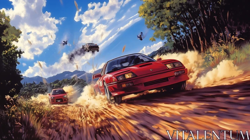 Red rally supercars drifting through sunlit forest trail.