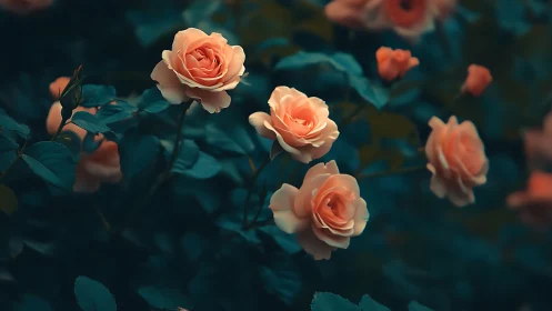 Peach roses blooming against teal foliage backdrop