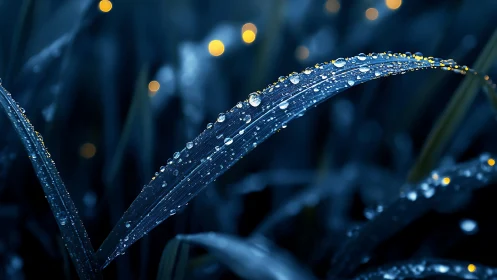 Midnight dewdrops glimmer softly on curved grass blades