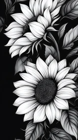 Monochrome sunflowers glowing softly in the dark night.