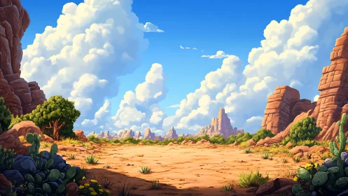 Sunlit desert valley under towering summer clouds.