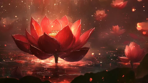 Radiant red lotus blooms in glowing mystical waters.