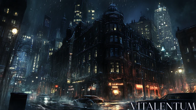 Noir rain-soaked downtown intersection rendered in cyber-noir detail