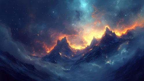 Luminous Mountain Range Crowned in Celestial Fire and Aurora.