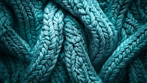 Macro optical study of intertwined cyan braided knit fibers.