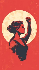 Defiant female figure in bold red minimalist vector style.