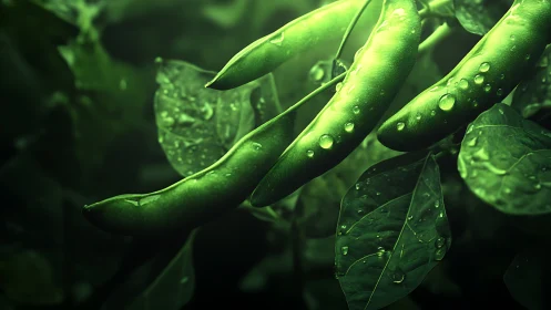 Green bean pods glisten under soft garden light after rain