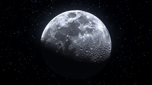 Lunar hemisphere rendered in high-contrast astrophotoreal detail