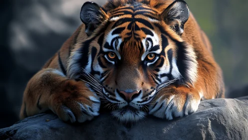 Tiger resting on rock with intense forward gaze in focus.