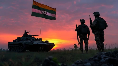 Indian tank and soldiers silhouetted at vivid sunset sky.
