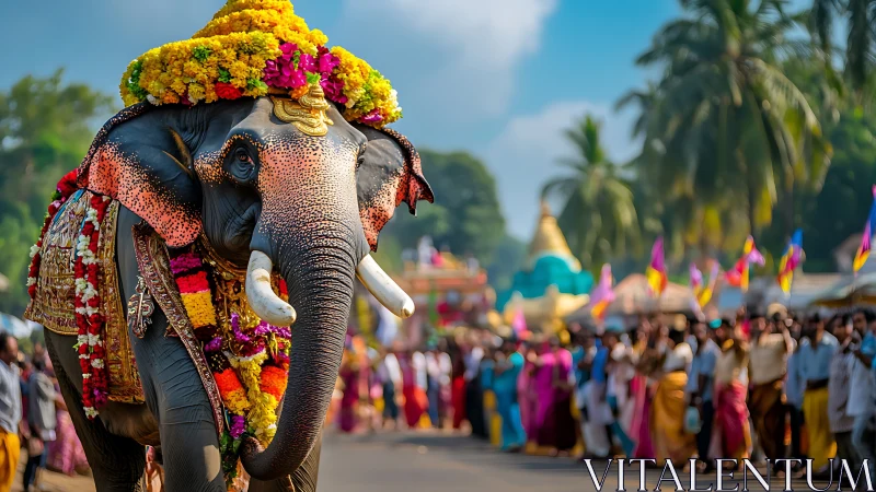 Flower-crowned festival elephant leading a river of color.