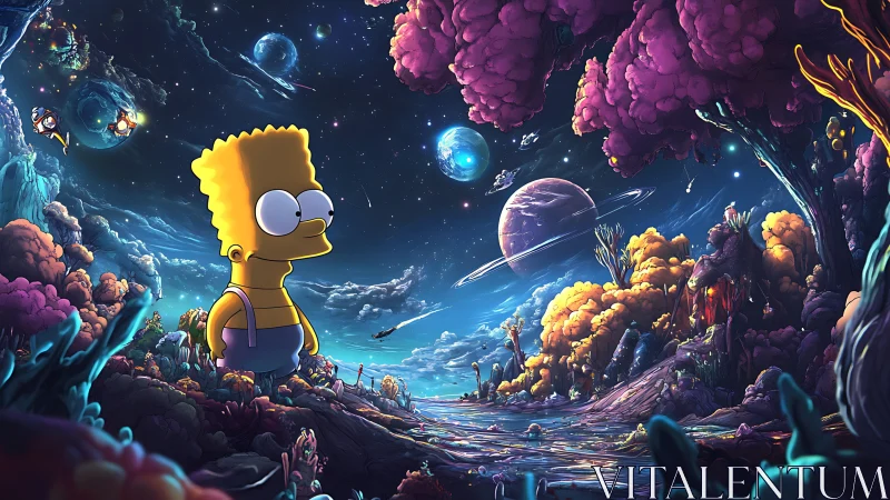 Bart explores a neon cosmic forest beneath glowing planets