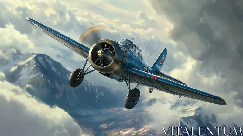 Single-engine military aircraft over clouded mountains.