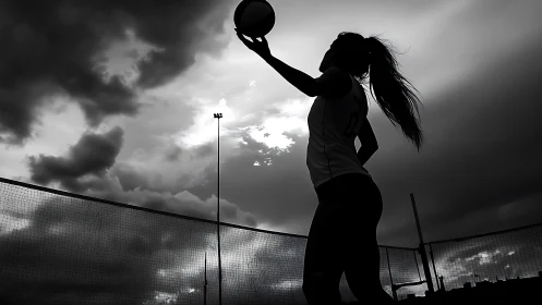 Evening volleyball serve poised against dramatic storm clouds.