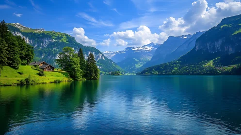 Alpine lake panorama with chalet, saturated summer daylight.