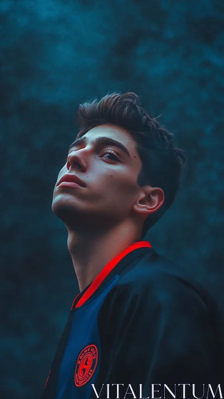 Cinematic low-key portrait with teal backdrop and red trim.
