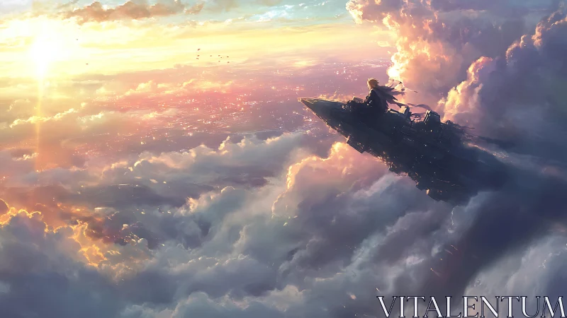 Aerodynamic sky skiff crossing volumetric sunset cloud field.