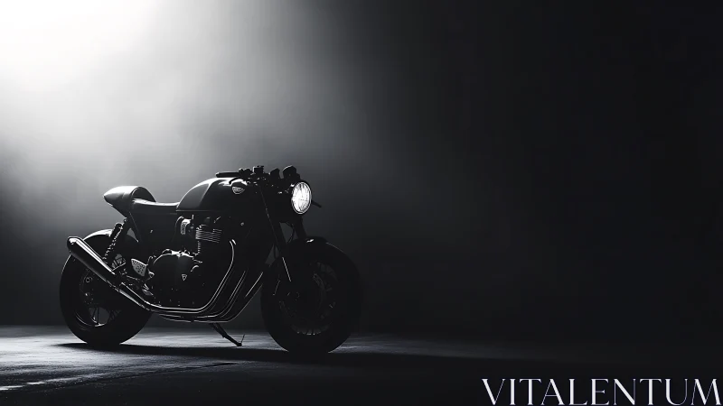 Studio-lit cafe racer motorcycle isolated in dramatic chiaroscuro.