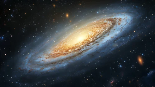 Spiral galaxy rendered with bright core and extended dust lanes