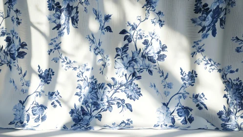 Blue floral curtains glow softly in dappled morning light.