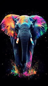 Chromatic frontal elephant portrait with neon pigment splashes