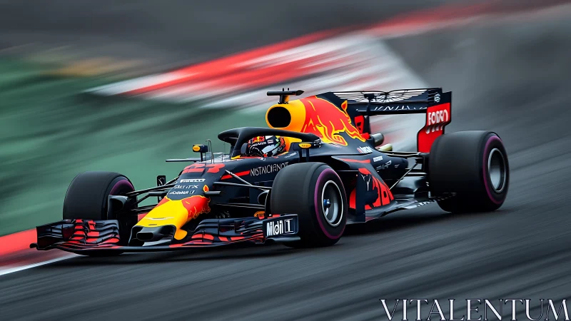 Formula 1 race car leans into fast corner on wet circuit