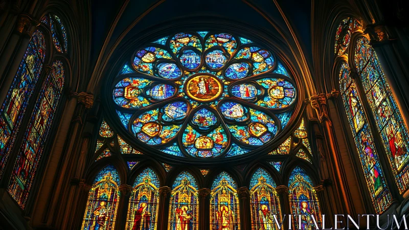 Gothic cathedral rose window glows above radiant stained glass