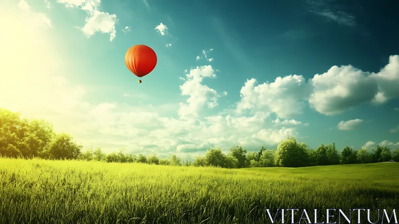Red hot air balloon above sunlit rural grassland field.
