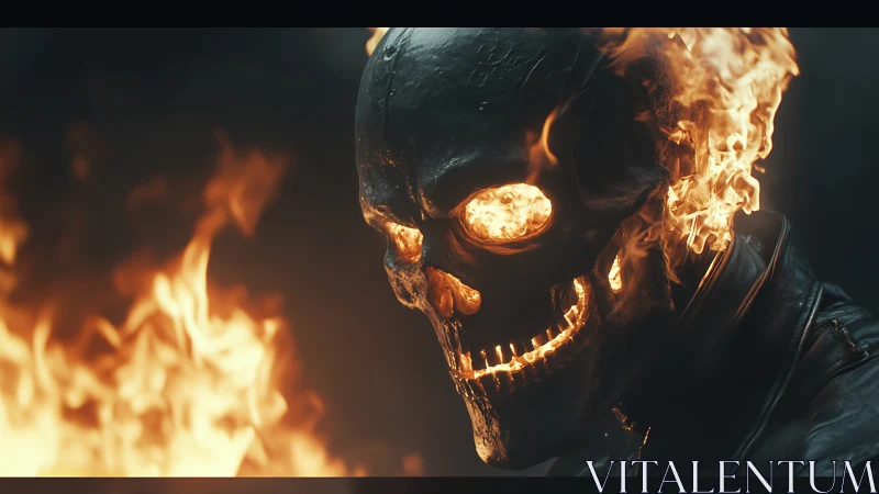 Pyrokinetic skeletal rider in cinematic photorealistic closeup.