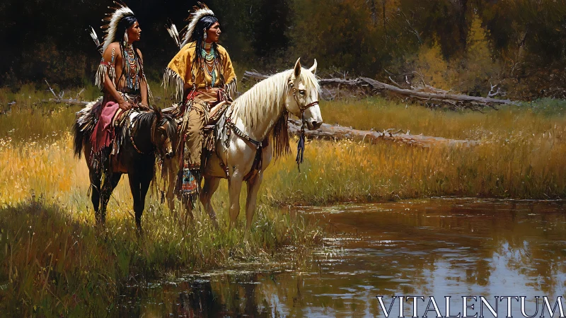Two Native American riders on horseback by riverside pond.