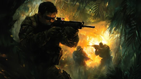 Soldiers engaged in jungle firefight with rifles at night.