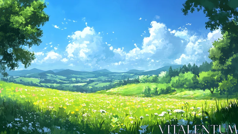 Sunlit wildflower meadow overlooking distant rolling hills