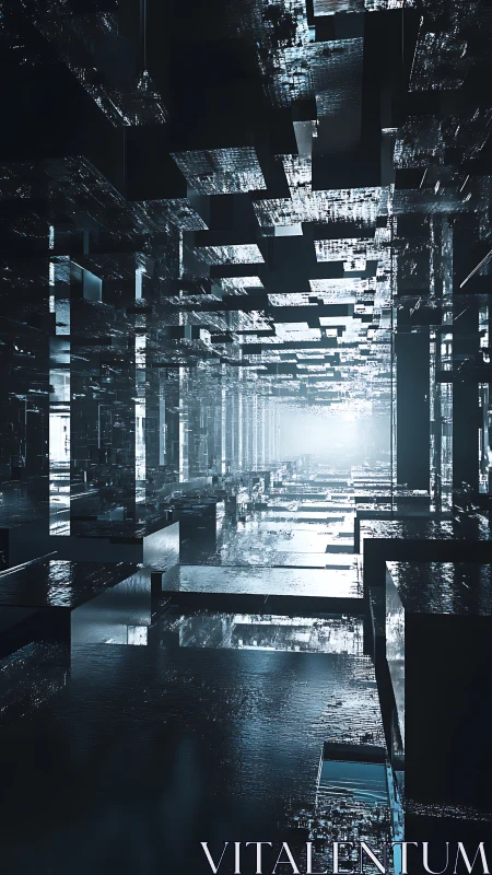 Endless reflective cube corridor dissolves into distant light