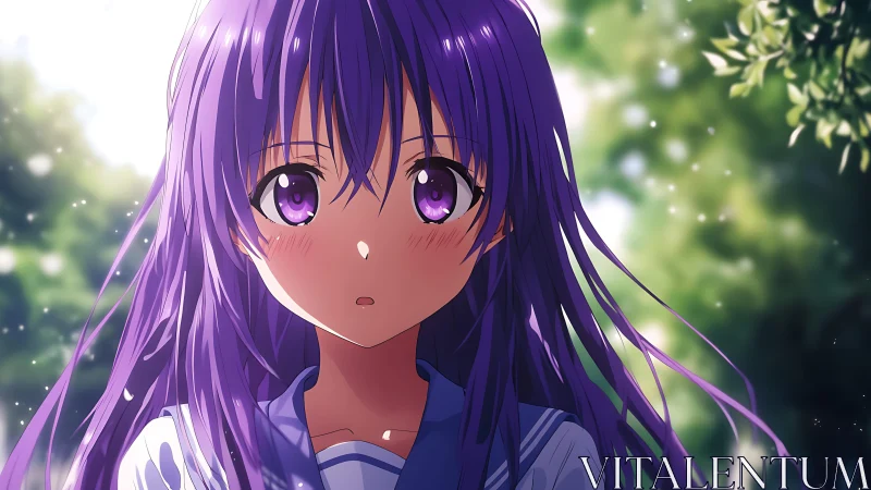 Purple haired anime girl stands in glowing forest light