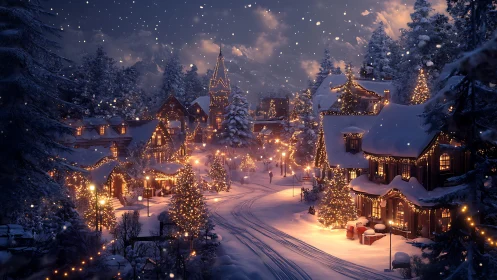 Snow-laden alpine village street under festive luminous arrays.