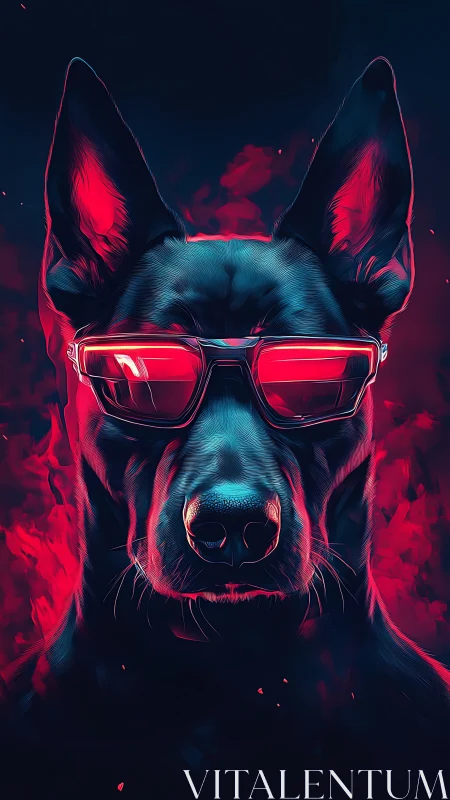 Cybernetic canine portrait in neon magenta and cyan glow.