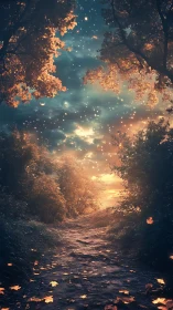 Golden forest path glows softly under a dreamy twilight sky
