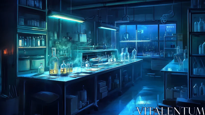 Nocturnal neon-lit chemistry lab with glassware and cityscape