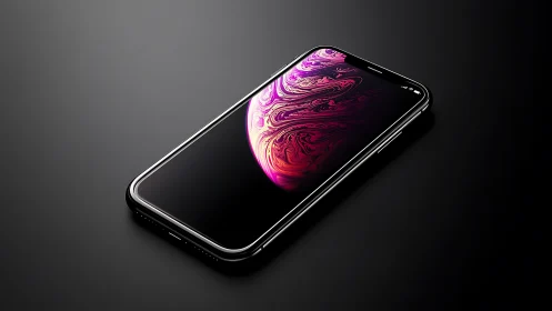 Smartphone with abstract digital display on neutral background.