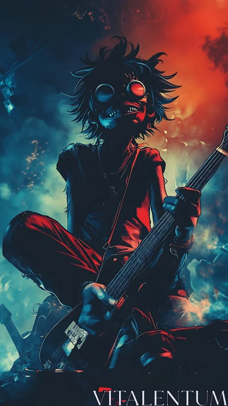 Neon backlit cartoon guitarist in dynamic blue red stage haze