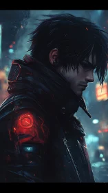 Cyberpunk loner in neon-soaked alley with glowing tech patch.