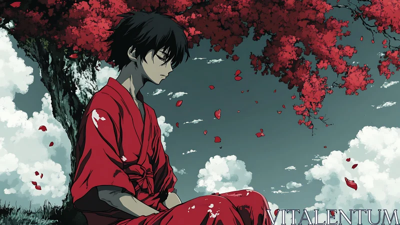 Red-robed dreamer beneath crimson blossoms and drifting sky.