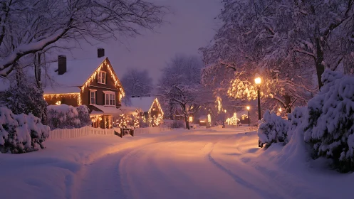 Snow covered suburban street shows warm holiday lights