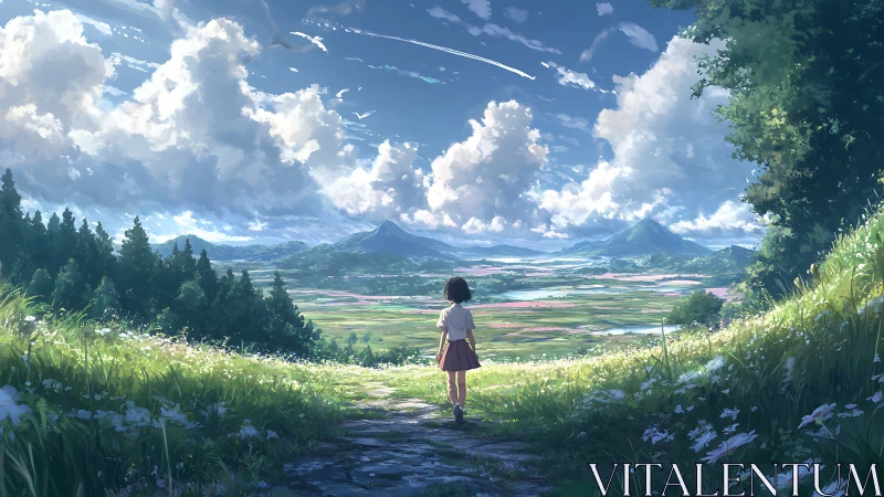 Sky-stitched valley vista with lone girl chasing horizons.