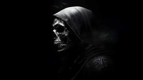 Hooded midnight reaper grinning from the void&rsquo;s edge.