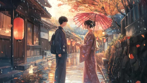 Rainlit lantern street pauses while two quiet hearts align