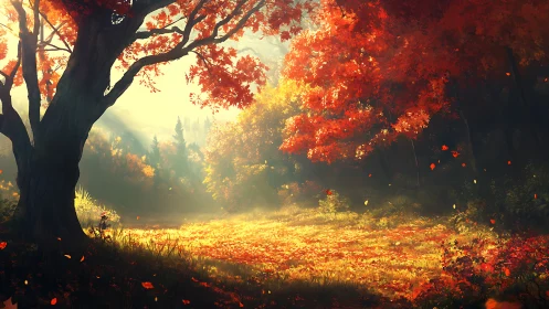 Atmospheric woodland clearing with deciduous trees during autumn foliage season