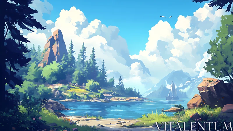 Mountain Lake Valley with Ancient Stone Monument.