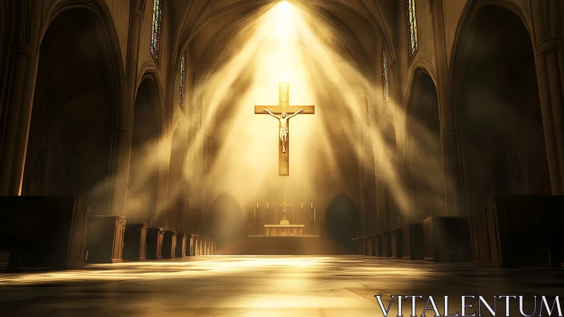 Volumetric sunlight converging on suspended crucifix altar.