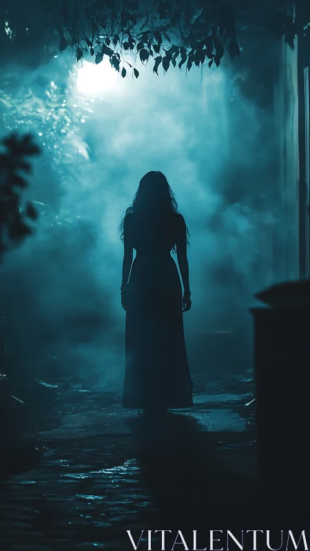 Silhouetted woman in foggy backlit alley under cyan moonlight